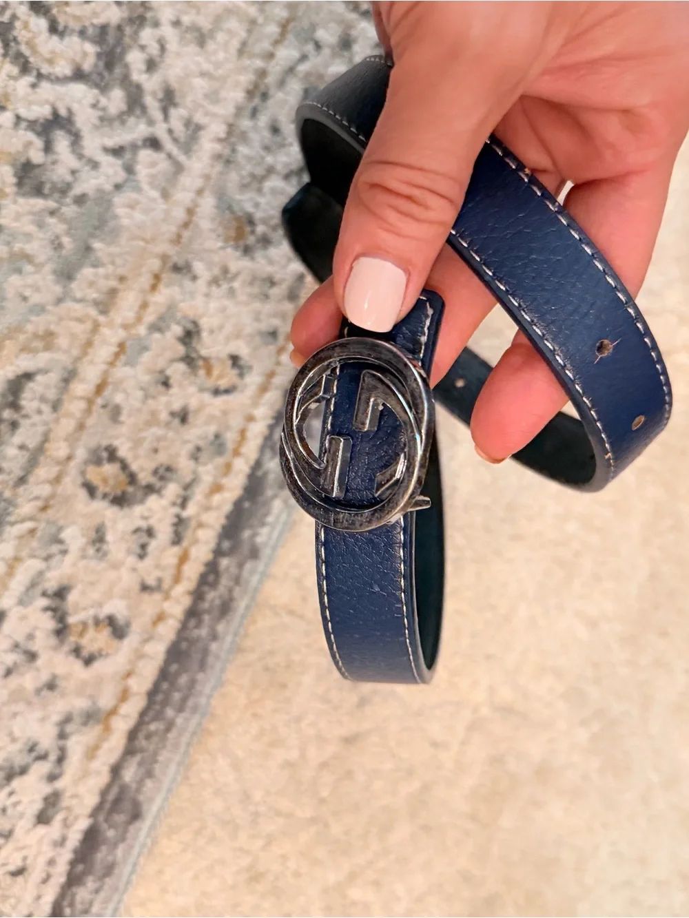 Designer-Style Navy Leather Belt with Silver Interlocking Buckle